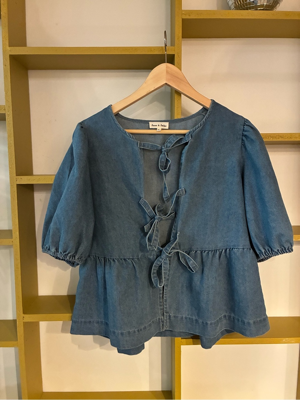 Washed Blue Denim Tie-Front Peplum Blouse